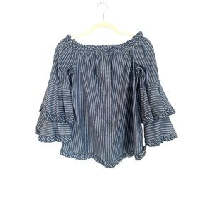 ECI Blue and White Striped Ruffle Blouse